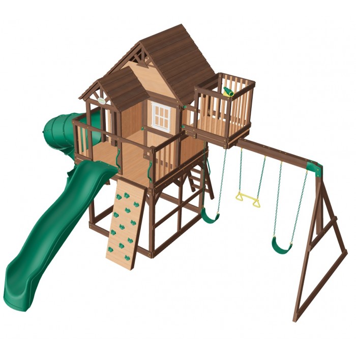 Complex Loc de Joaca SkyFort 3 din lemn de cedru - Centru de exterior multifunctional cu tobogan elicoidal si 3 nivele de joaca Sky Fort III Backyard Discovery  